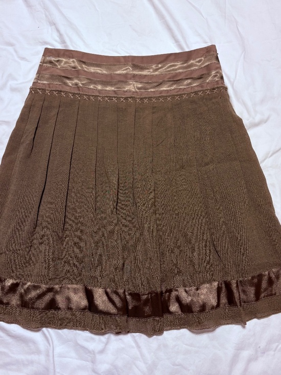 Stefanel Dresses & Skirts - Designer Vintage 2002 Stefanel Brown Satin Trim Pleated Midi Skirt Size 6
